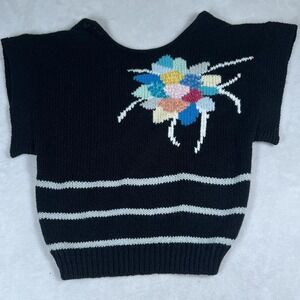 Vintage Organically Grown Sweater Womens Large Black Floral Sequin Knit 80s